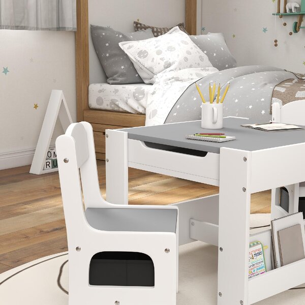 DecHome Set Tavolino per Bambini e 2 Sedie Piano del Tavolo 2 in 1 con Lavagna e Contenitori colore Grigio