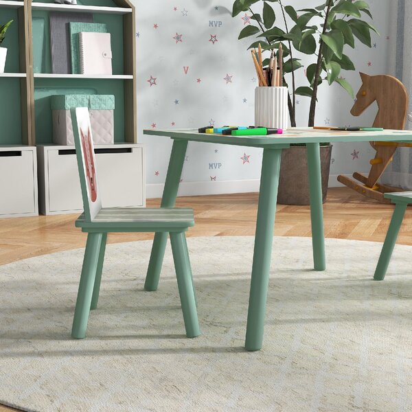 DecHome Set Tavolo e Sedie 3 Pezzi per Bambini da 3 Anni in MDF e Legno di Pino con Disegni di Animali colore Verde