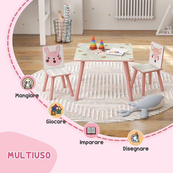 DecHome Set Tavolo e Sedie 3 Pezzi per Bambini da 3 Anni in MDF e Legno di Pino con Disegni di Animali colore Rosa