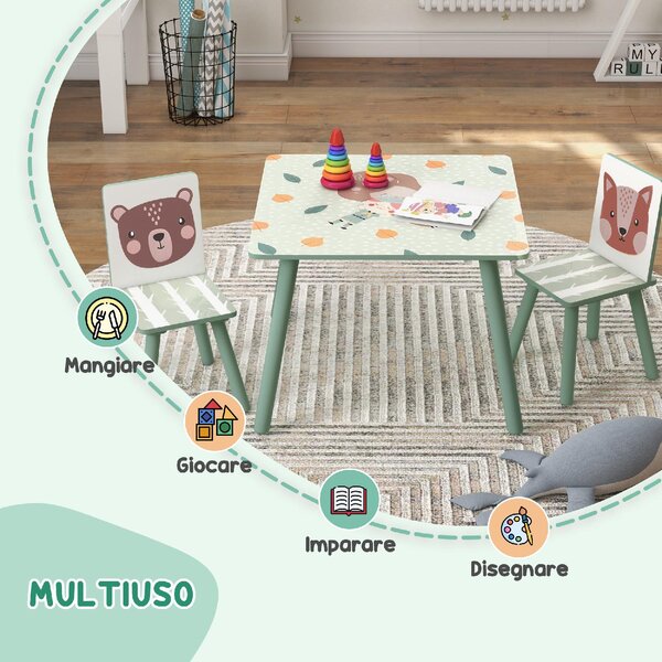 DecHome Set Tavolo e Sedie 3 Pezzi per Bambini da 3 Anni in MDF e Legno di Pino con Disegni di Animali colore Verde