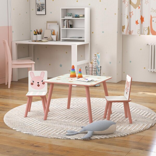 DecHome Set Tavolo e Sedie 3 Pezzi per Bambini da 3 Anni in MDF e Legno di Pino con Disegni di Animali colore Rosa