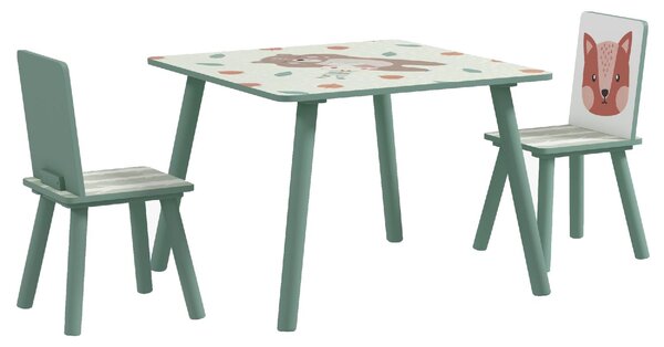 DecHome Set Tavolo e Sedie 3 Pezzi per Bambini da 3 Anni in MDF e Legno di Pino con Disegni di Animali colore Verde