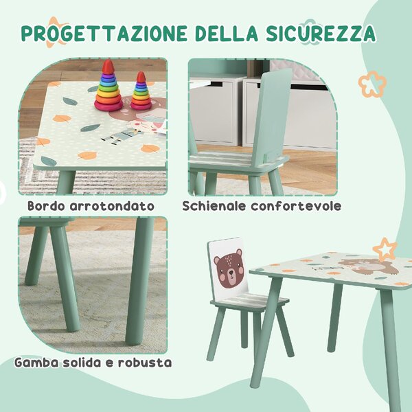 DecHome Set Tavolo e Sedie 3 Pezzi per Bambini da 3 Anni in MDF e Legno di Pino con Disegni di Animali colore Verde