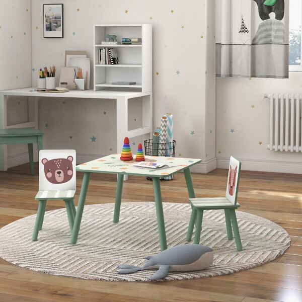 DecHome Set Tavolo e Sedie 3 Pezzi per Bambini da 3 Anni in MDF e Legno di Pino con Disegni di Animali colore Verde