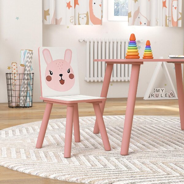 DecHome Set Tavolo e Sedie 3 Pezzi per Bambini da 3 Anni in MDF e Legno di Pino con Disegni di Animali colore Rosa