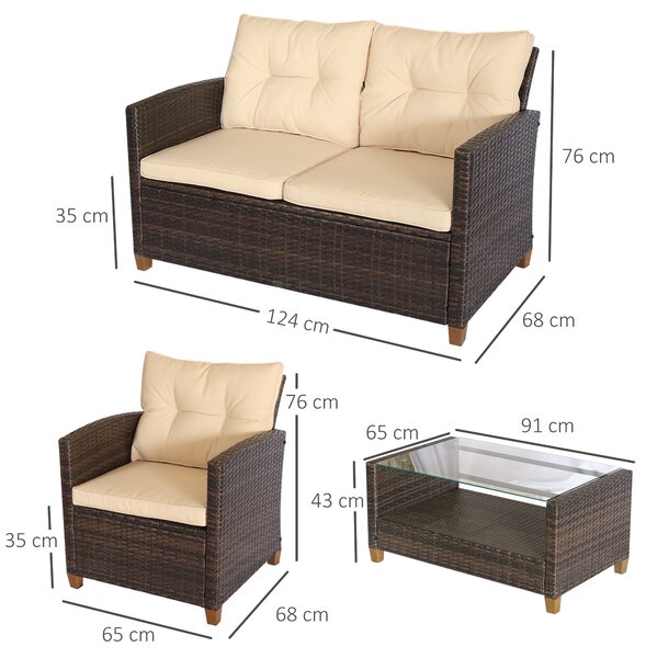 Outsunny Set Mobili da Giardino 4 Pezzi in Rattan PE con Tavolino, Divano e Poltrone Imbottiti, Marrone e Beige 124x68x76cm
