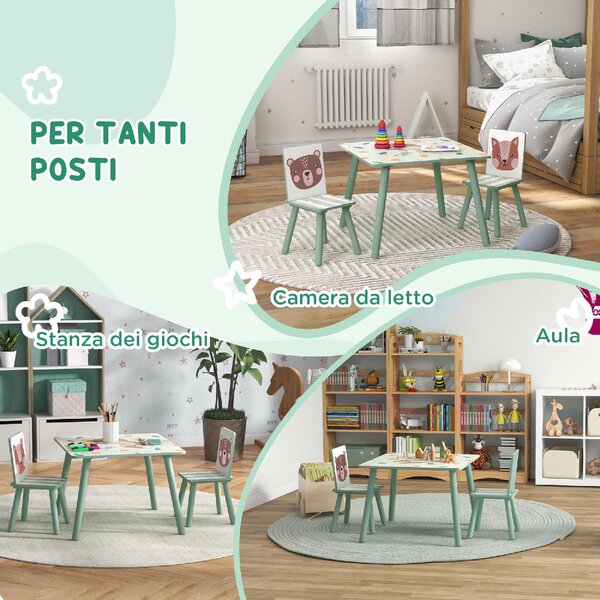 DecHome Set Tavolo e Sedie 3 Pezzi per Bambini da 3 Anni in MDF e Legno di Pino con Disegni di Animali colore Verde