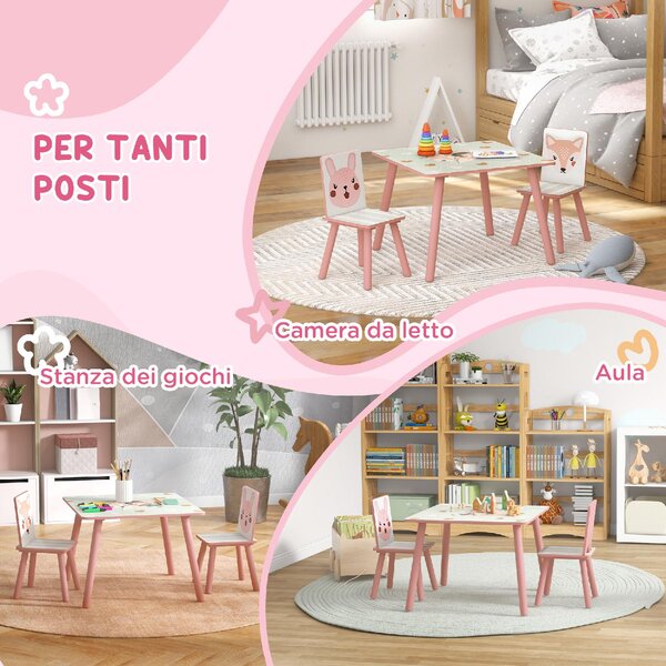 DecHome Set Tavolo e Sedie 3 Pezzi per Bambini da 3 Anni in MDF e Legno di Pino con Disegni di Animali colore Rosa