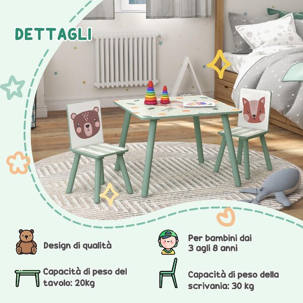 DecHome Set Tavolo e Sedie 3 Pezzi per Bambini da 3 Anni in MDF e Legno di Pino con Disegni di Animali colore Verde