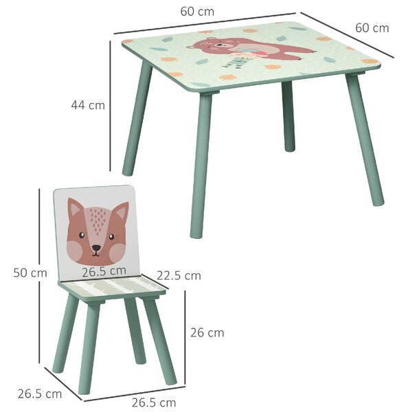 DecHome Set Tavolo e Sedie 3 Pezzi per Bambini da 3 Anni in MDF e Legno di Pino con Disegni di Animali colore Verde