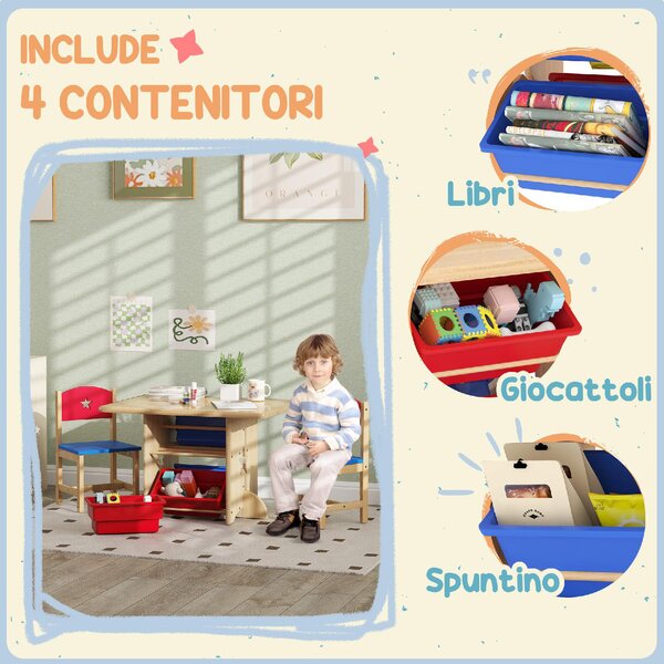 DecHome Set Tavolo e Sedie per Bambini 3-7 Anni con 2 Sedie e Tavolo con 4 Contenitori in Legno e PP colore Legno