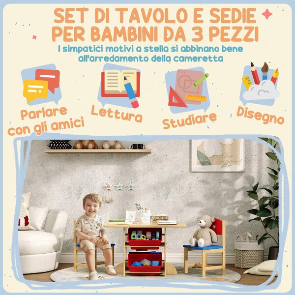 DecHome Set Tavolo e Sedie per Bambini 3-7 Anni con 2 Sedie e Tavolo con 4 Contenitori in Legno e PP colore Legno