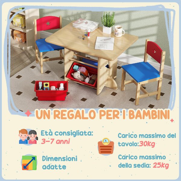 DecHome Set Tavolo e Sedie per Bambini 3-7 Anni con 2 Sedie e Tavolo con 4 Contenitori in Legno e PP colore Legno