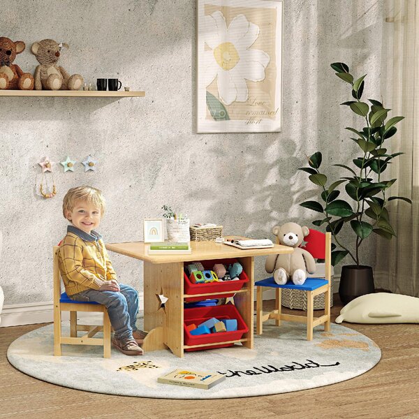 DecHome Set Tavolo e Sedie per Bambini 3-7 Anni con 2 Sedie e Tavolo con 4 Contenitori in Legno e PP colore Legno