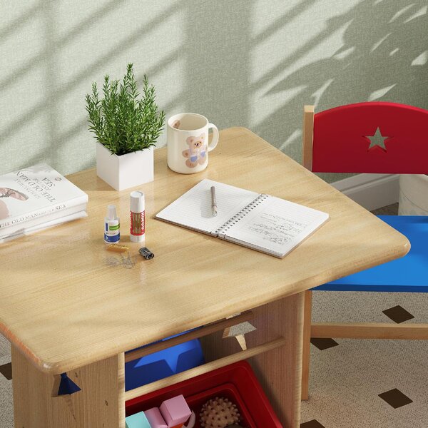 DecHome Set Tavolo e Sedie per Bambini 3-7 Anni con 2 Sedie e Tavolo con 4 Contenitori in Legno e PP colore Legno