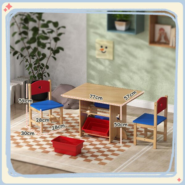 DecHome Set Tavolo e Sedie per Bambini 3-7 Anni con 2 Sedie e Tavolo con 4 Contenitori in Legno e PP colore Legno