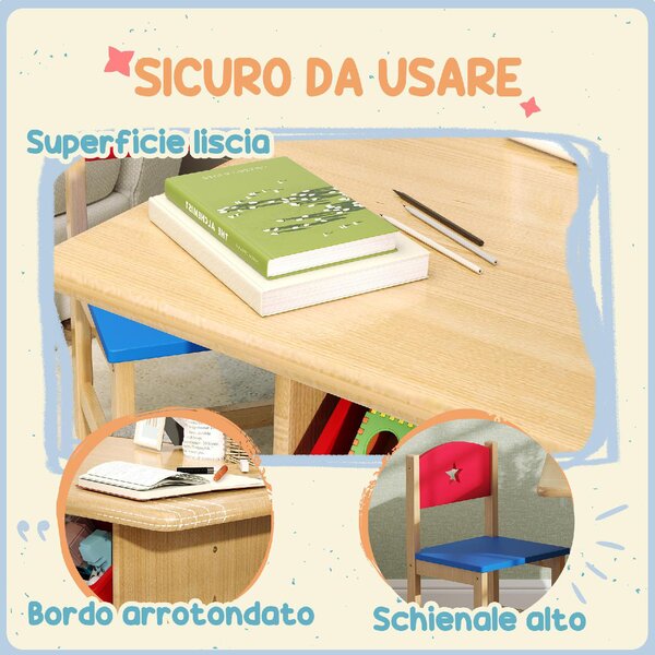 DecHome Set Tavolo e Sedie per Bambini 3-7 Anni con 2 Sedie e Tavolo con 4 Contenitori in Legno e PP colore Legno