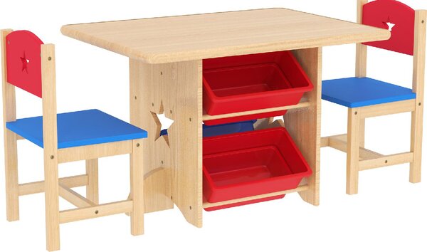 DecHome Set Tavolo e Sedie per Bambini 3-7 Anni con 2 Sedie e Tavolo con 4 Contenitori in Legno e PP colore Legno