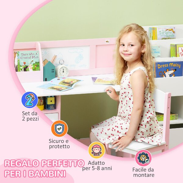 DecHome Set Tavolo e Sedie per Bambini 5+ Anni in Legno con Banco Scuola 90x45x85 cm e Sedia 29x29x66 colore Bianco/Rosa