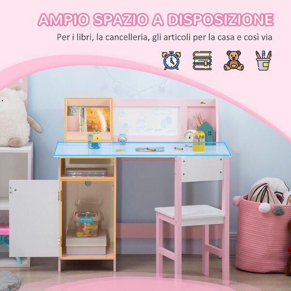 DecHome Set Tavolo e Sedie per Bambini 5+ Anni in Legno con Banco Scuola 90x45x85 cm e Sedia 29x29x66 colore Bianco/Rosa