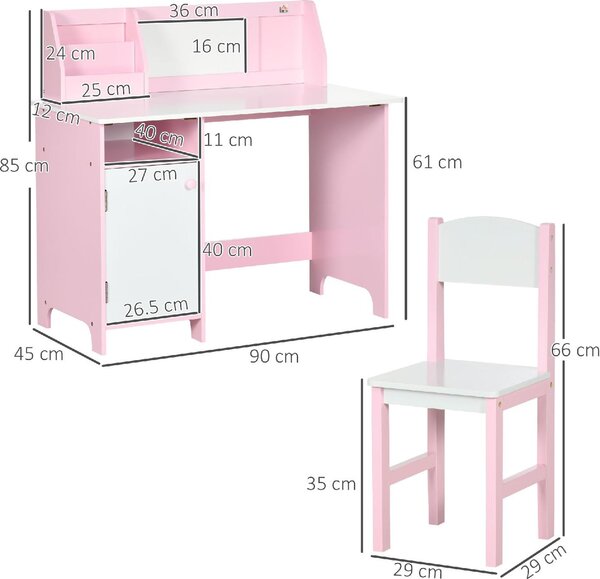 DecHome Set Tavolo e Sedie per Bambini 5+ Anni in Legno con Banco Scuola 90x45x85 cm e Sedia 29x29x66 colore Bianco/Rosa