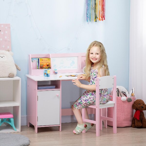 DecHome Set Tavolo e Sedie per Bambini 5+ Anni in Legno con Banco Scuola 90x45x85 cm e Sedia 29x29x66 colore Bianco/Rosa