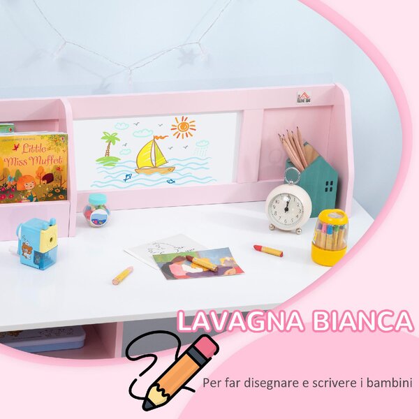 DecHome Set Tavolo e Sedie per Bambini 5+ Anni in Legno con Banco Scuola 90x45x85 cm e Sedia 29x29x66 colore Bianco/Rosa
