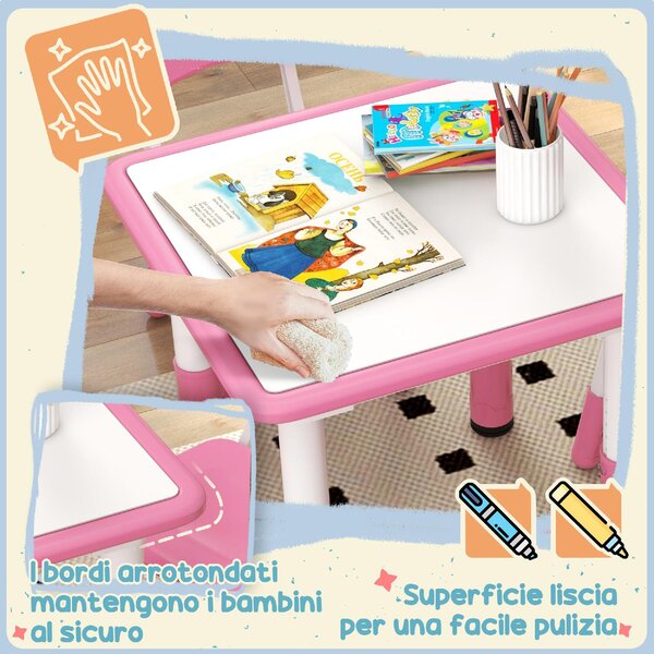 DecHome Set Tavolo e Sedie per Bambini 5pz con 4 Sedie Regolabili 32x36x52.5-56 cm e Tavolo 60x60x46-58 cm colore Rosa