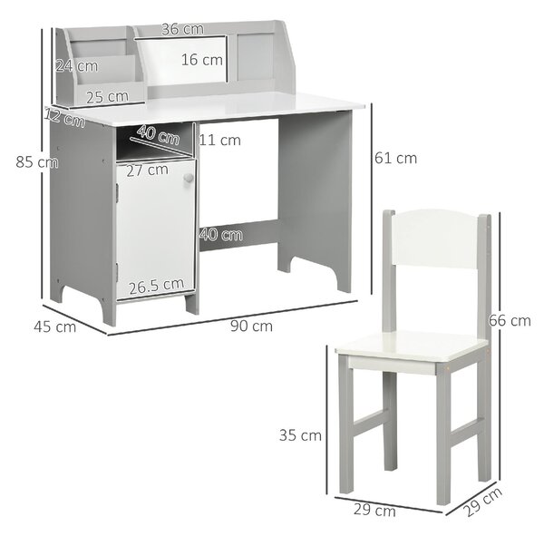 DecHome Set Tavolo e Sedie per Bambini 5+ Anni in Legno con Banco Scuola e Sedia colore Bianco e Grigio