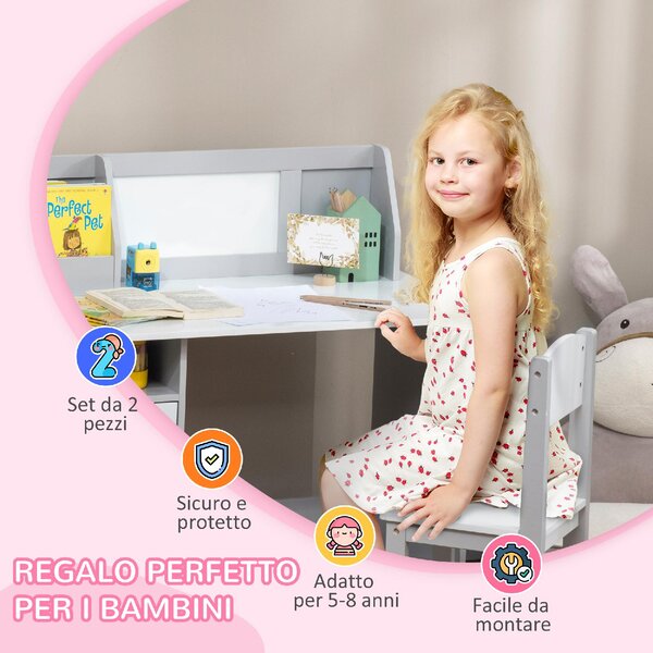 DecHome Set Tavolo e Sedie per Bambini 5+ Anni in Legno con Banco Scuola e Sedia colore Bianco e Grigio