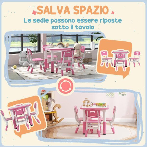 DecHome Set Tavolo e Sedie per Bambini 5pz con 4 Sedie Regolabili 32x36x52.5-56 cm e Tavolo 60x60x46-58 cm colore Rosa