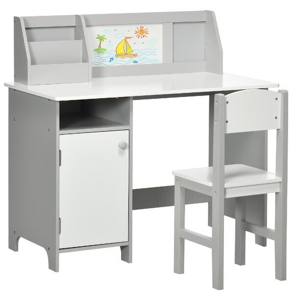 DecHome Set Tavolo e Sedie per Bambini 5+ Anni in Legno con Banco Scuola e Sedia colore Bianco e Grigio