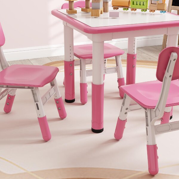 DecHome Set Tavolo e Sedie per Bambini 5pz con 4 Sedie Regolabili 32x36x52.5-56 cm e Tavolo 60x60x46-58 cm colore Rosa