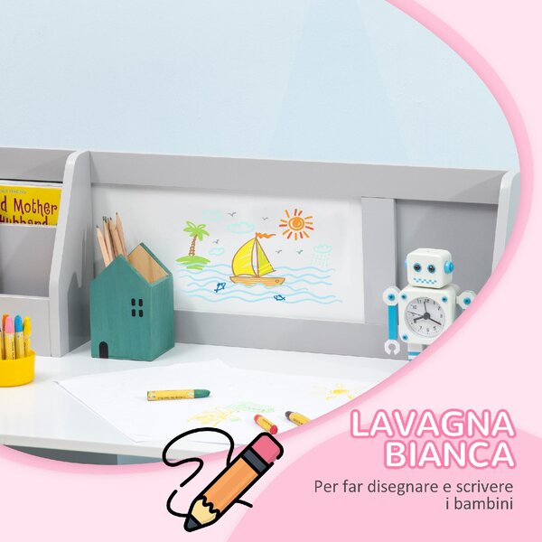 DecHome Set Tavolo e Sedie per Bambini 5+ Anni in Legno con Banco Scuola e Sedia colore Bianco e Grigio