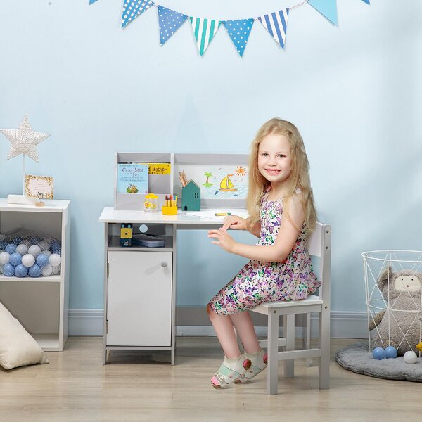 DecHome Set Tavolo e Sedie per Bambini 5+ Anni in Legno con Banco Scuola e Sedia colore Bianco e Grigio