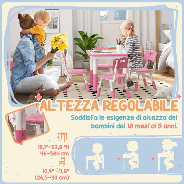 DecHome Set Tavolo e Sedie per Bambini 5pz con 4 Sedie Regolabili 32x36x52.5-56 cm e Tavolo 60x60x46-58 cm colore Rosa