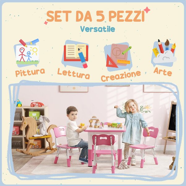 DecHome Set Tavolo e Sedie per Bambini 5pz con 4 Sedie Regolabili 32x36x52.5-56 cm e Tavolo 60x60x46-58 cm colore Rosa