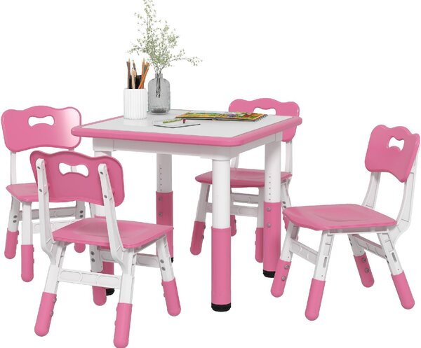 DecHome Set Tavolo e Sedie per Bambini 5pz con 4 Sedie Regolabili 32x36x52.5-56 cm e Tavolo 60x60x46-58 cm colore Rosa