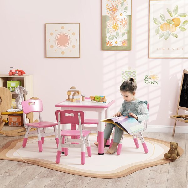 DecHome Set Tavolo e Sedie per Bambini 5pz con 4 Sedie Regolabili 32x36x52.5-56 cm e Tavolo 60x60x46-58 cm colore Rosa
