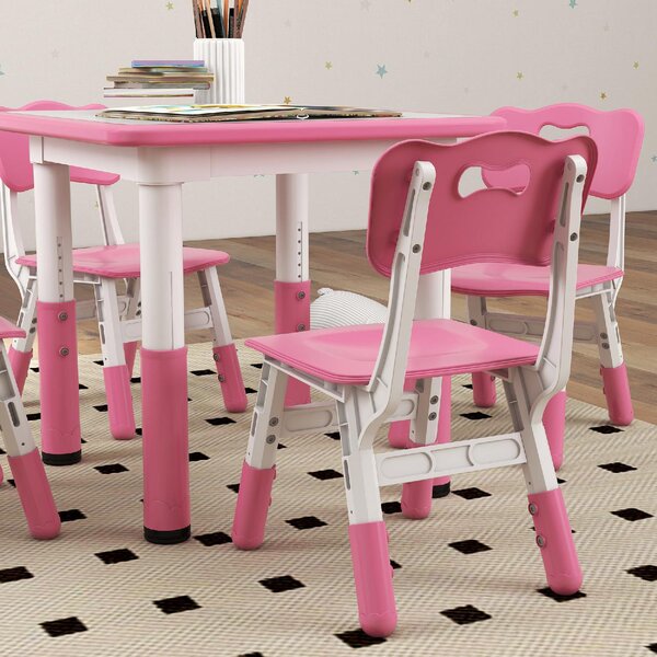 DecHome Set Tavolo e Sedie per Bambini 5pz con 4 Sedie Regolabili 32x36x52.5-56 cm e Tavolo 60x60x46-58 cm colore Rosa