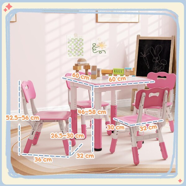 DecHome Set Tavolo e Sedie per Bambini 5pz con 4 Sedie Regolabili 32x36x52.5-56 cm e Tavolo 60x60x46-58 cm colore Rosa