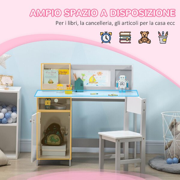 DecHome Set Tavolo e Sedie per Bambini 5+ Anni in Legno con Banco Scuola e Sedia colore Bianco e Grigio