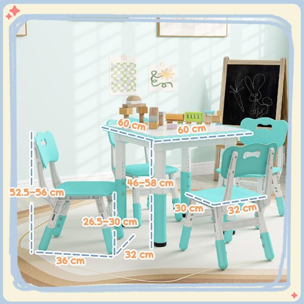 DecHome Set Tavolo e Sedie per Bambini 5pz con 4 Sedie Regolabili 32x36x52.5-56 cm e Tavolo 60x60x46-58 cm colore Verde