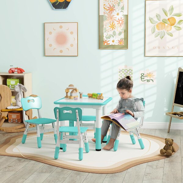 DecHome Set Tavolo e Sedie per Bambini 5pz con 4 Sedie Regolabili 32x36x52.5-56 cm e Tavolo 60x60x46-58 cm colore Verde