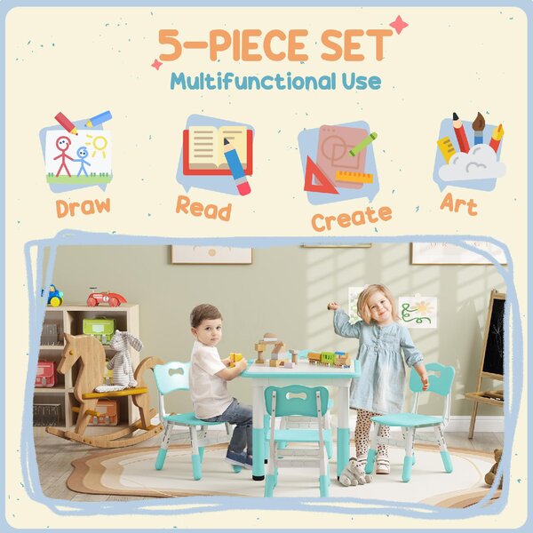 DecHome Set Tavolo e Sedie per Bambini 5pz con 4 Sedie Regolabili 32x36x52.5-56 cm e Tavolo 60x60x46-58 cm colore Verde
