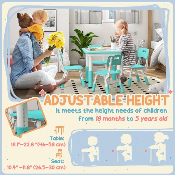 DecHome Set Tavolo e Sedie per Bambini 5pz con 4 Sedie Regolabili 32x36x52.5-56 cm e Tavolo 60x60x46-58 cm colore Verde