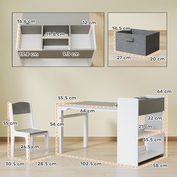 DecHome Set Tavolo e Sedie per Bambini con 2 Sedie e Tavolino Contenitore in Legno e Tessuto non Tessuto colore Grigio/Bianco