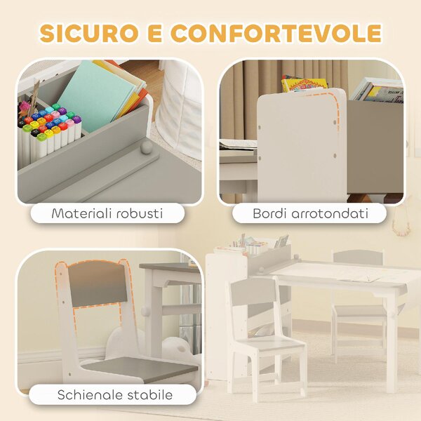 DecHome Set Tavolo e Sedie per Bambini con 2 Sedie e Tavolino Contenitore in Legno e Tessuto non Tessuto colore Grigio/Bianco