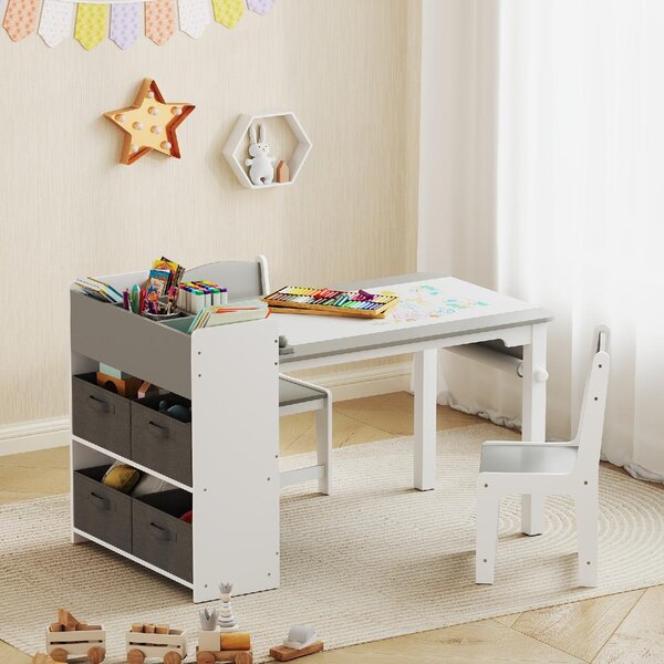 DecHome Set Tavolo e Sedie per Bambini con 2 Sedie e Tavolino Contenitore in Legno e Tessuto non Tessuto colore Grigio/Bianco
