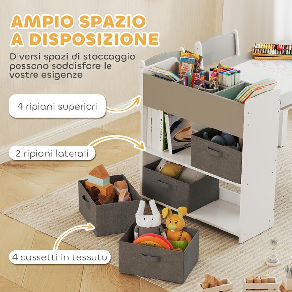 DecHome Set Tavolo e Sedie per Bambini con 2 Sedie e Tavolino Contenitore in Legno e Tessuto non Tessuto colore Grigio/Bianco